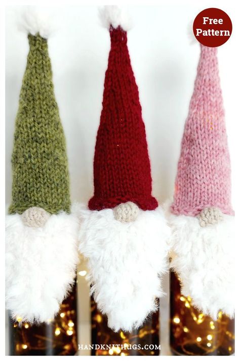 Santa Gnome Bottle Toppers Free Knitting Pattern Knitted Bottle Toppers, Knit Gnome Pattern, Gnome Hat Knitting Pattern Free, Wine Bottle Toppers Diy, Knitted Ornaments, Knitted Santa, Christmas Knits, Christmas Knitting Projects, Christmas Wine Bottle Covers