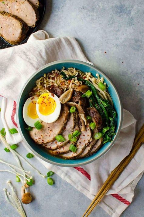 Easy Pork Ramen, Pork Ramen Recipe, Leftover Pork Tenderloin, Ramen Soup Recipes, Asian Greens, Juicy Pork Tenderloin, Pork Ramen, Roast Beef Sandwich, Ramen Recipe