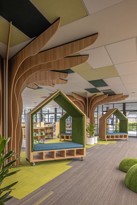 School Library Reimagined: Biophilic Design by Leaf Architecture — Leaf Architecture Kidzania Design, Dream School Design, Village Design Architecture, Orphanage Design Architecture, Biophilic Library, Biophilic Classroom Design, Nature School Design, Elementary School Classroom Design, Eco Library