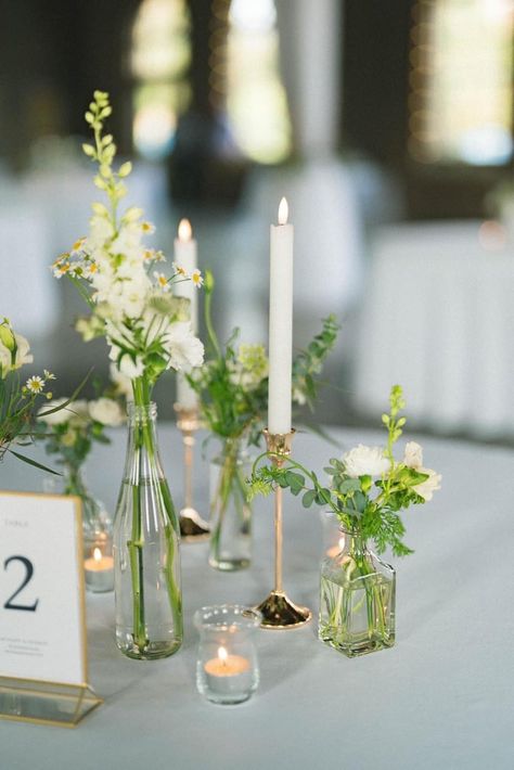 All White Bud Vases Wedding, Bud Vases And Votives Wedding Centerpiece, Simple Green And White Wedding, Green And White Centerpieces Wedding, Small Simple Wedding, Round Table Centerpieces, Wedding Votives, Bud Vases Wedding, Bud Vase Centerpiece