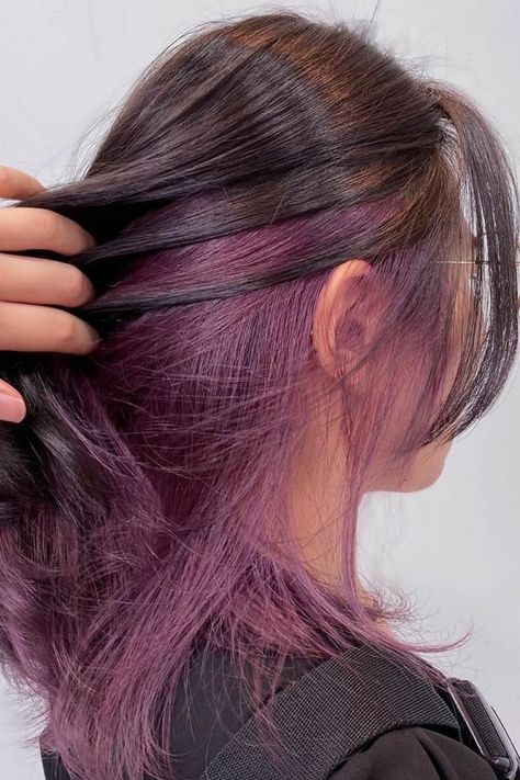 Purple Hidden Hair Color, Secret Ombre Hair, Two Toned Hair Purple, Hidden Color Hair, Undercolor Hair Ideas, Peekaboo Hair Color Brunettes, 2 Tone Hair Color, Undercolor Hair, Under Hair Color