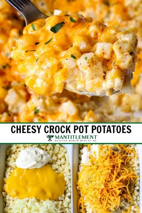 Cheesy Crock Pot Potatoes | An Easy Potato Side Dish | Mantitlement Crockpot Potatoes, Cheesy Potatoes Crock Pot, Potato Side Dishes Easy, Crockpot Side Dishes, Potato Side Dish, Thanksgiving Side Dishes Easy, Crock Pot Potatoes, Cheesy Potato, Side Dishes For Bbq