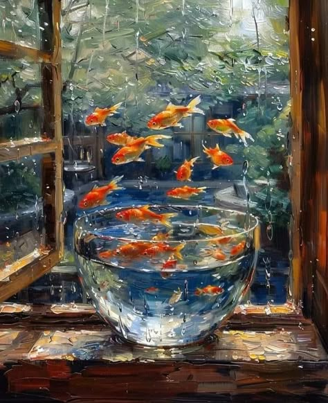 Goldfish Art Painting, Soyut Sanat Tabloları, Naive Art, Dreamy Art, Painting Art Projects, Goldfish, Pretty Art, Painting Inspiration, Aesthetic Art