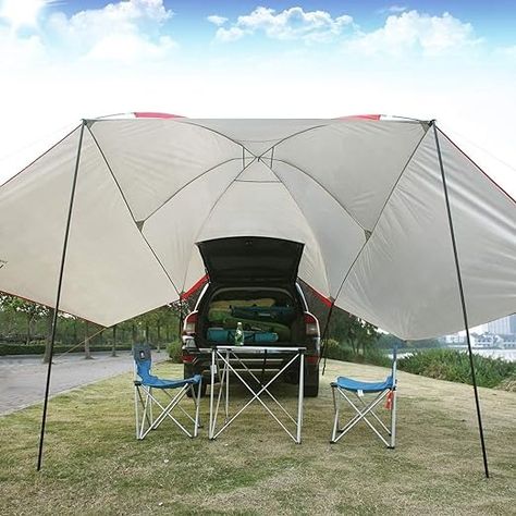 Amazon.com: REDCAMP Waterproof Car Awning Sun Shelter, Portable Auto Canopy Camper Trailer Sun Shade for Camping, SUV, Outdoor, Beach Beige : Sports & Outdoors Tarp Poles, 8 Person Tent, Car Awnings, Car Shade, Sun Shelter, Tent Awning, Green Sports, Suv Trucks, Camper Trailer