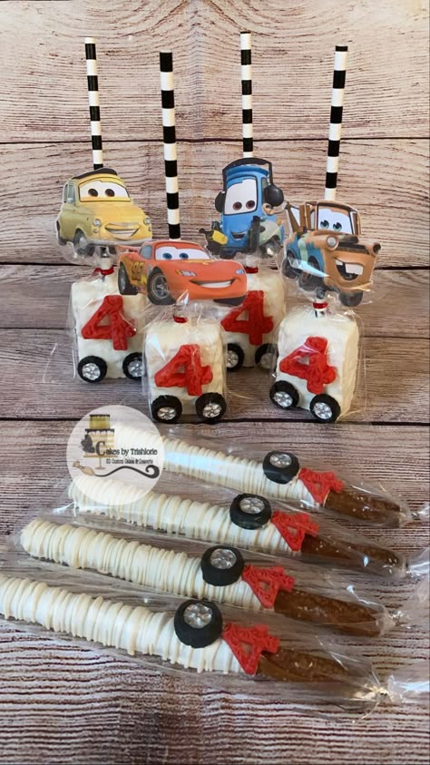 Cars Theme Rice Krispies, Cars Theme Treats Party Ideas, Cars Snack Ideas, Cars Theme Birthday Party Food Snacks Ideas, Disney Cars Rice Krispie Treats, Cars Party Treats, Race Car Pretzel Rods, Cars Theme Candy Table, Disney Cars Snack Ideas