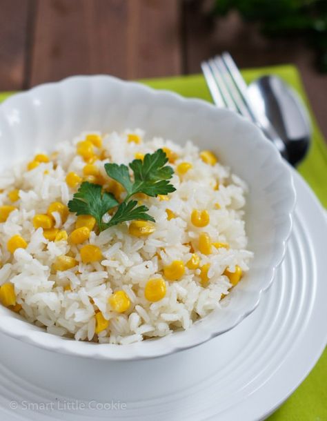 Rice with Corn ~ A delicious side dish that will be the highlight of any meal and can be paired with any meat, vegetable and even eggs for a delicious lunch or dinner. #smartlittlecookie #recipe #corn #rice #sidedish #easyrecipe Rice And Corn Recipe, Rice With Corn, Rice And Corn, Coconut Flan, White Rice Recipes, Indian Veg Recipes, Rice Recipes For Dinner, Moms Cooking, Delicious Lunch