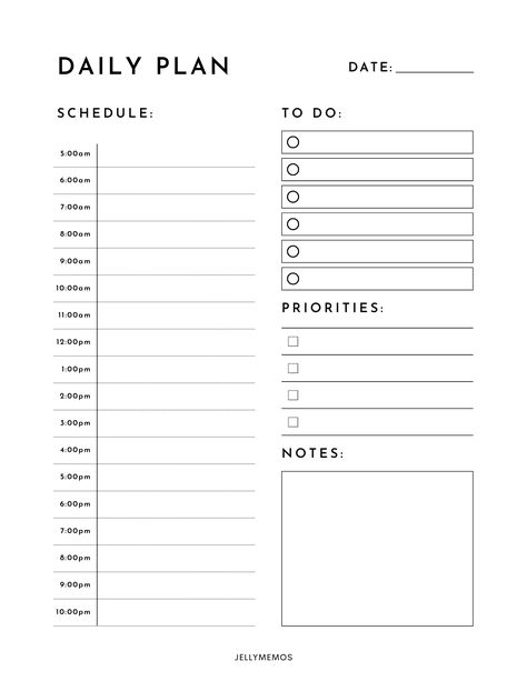 daily planner page with a 5am to 10pm schedule on the left side and to do list, priorities and notes areas on the right side. To Do Study List, Everyday To Do List Template, Daily Planner 5am To 10pm, Day To Day Planner, Daily List Template, Daily Routine Schedule Template Free, Daily To Do List Ideas For Students, Study Planner Daily, Simple To Do List Ideas