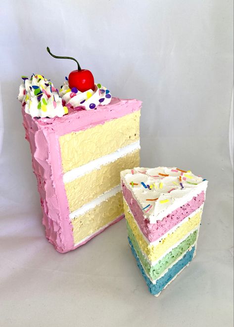 Extra large fake cake slice with a cherry on top! Fake Cake Sculpture, Faux Cake Slice, Cake Props Diy, Paper Mache Cake Slice, Diy Faux Cake, How To Make Fake Cake, Slice Cake Decoration, Fake Bake Cakes, Faux Cakes For Display