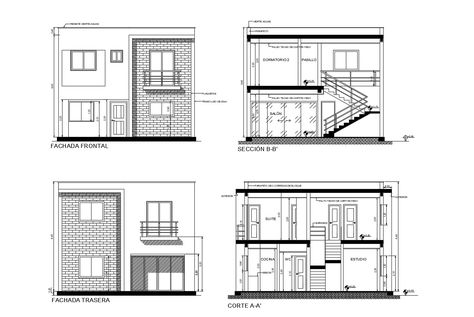 2 storey house with elevation and section in AutoCAD drawing which provides detail of front elevation, back elevation, section details, detail of doors and windows, etc.. House Section, Two Storey House Plans, Two Story House Design, Narrow Lot House, Flat Roof House, 2 Storey House Design, Elevation Drawing, Narrow Lot House Plans, House Outer Design