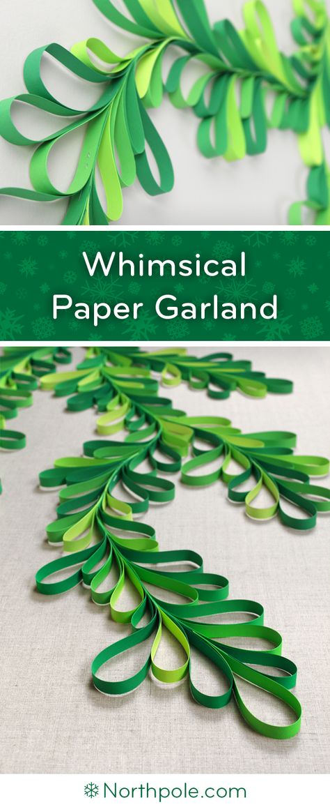 Whimsical Paper Garland • Northpole.com Craft Cottage Diy Garland For Classroom, Construction Paper Decor, Paper Craft Garland, Festive Paper Chains, Paper Garland Decor, Holiday Paper Garland, Diy Paper Garland Ideas, Wrapping Paper Garland, Paper Garlands Christmas