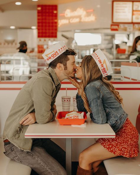 In N Out Photoshoot Ideas, 50s Photoshoot Couple, Mcdonald’s Engagement Shoot, In N Out Couple Photoshoot, Mcdonalds Engagement Shoot, Couple Diner Photoshoot, Diner Couple Photoshoot, Diner Engagement Photoshoot, In And Out Photoshoot