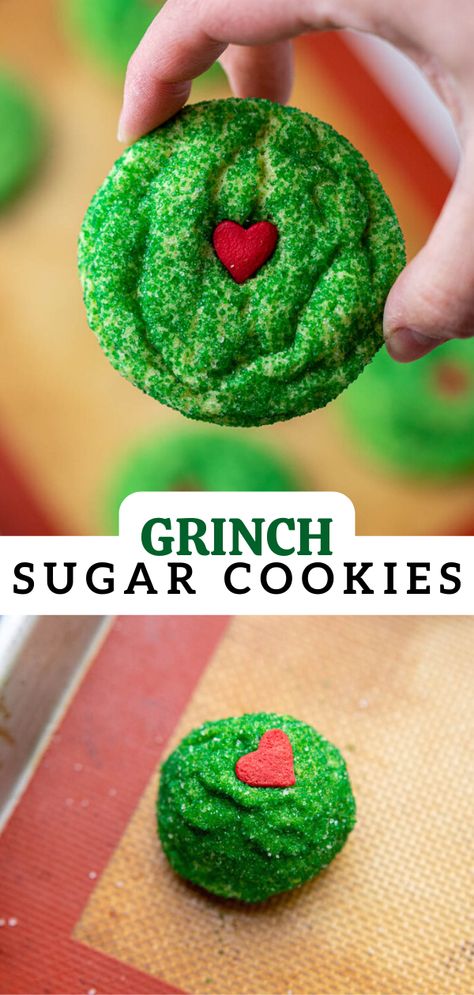 These grinch sugar cookies are super cute and perfect for the holiday season. Christmas Fudge, Easy Grinch Cookies, Grinch Cookies Recipe, Grinch Sugar Cookies, Christmas Muddy Buddies, Grinch Cookies, Grinch Party, Chewy Sugar Cookies, Christmas Cookies Easy