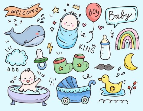 Baby Shower Drawing Ideas, Baby Doodles Drawing, Shower Doodle, Baby Graphic Design, Baby Boy Drawing, Baby Doodles, Baby Shower Illustration, Baby Doodle, Nursery Drawings