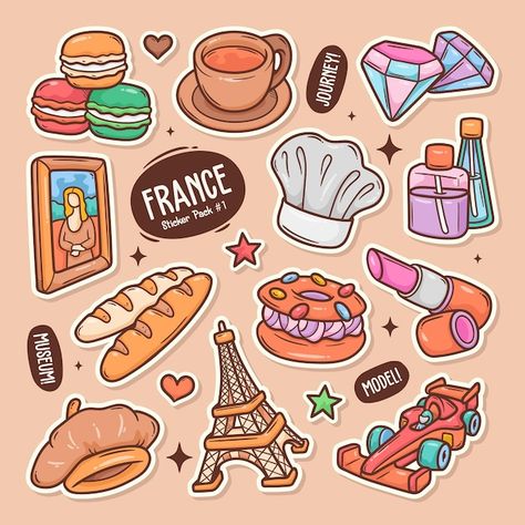 French Things To Draw, France Doodles, Sticers Idea, French Doodle, Paris Cartoon, March Kindergarten Activities, Paris Doodles, Paris Drawings, France Stickers