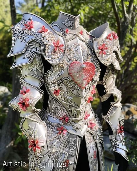 Metallic Costume Ideas, Armour Dress Aesthetic, Flower Armor Design, Men In Dresses Art, Arm Gauntlet Design, Knight Outfit Design, Knight Core Outfits, Rose Armor, Fancy Armor