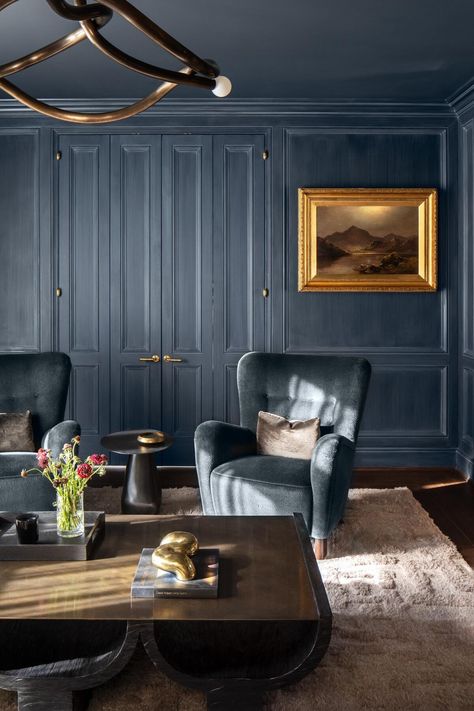 Why this Oregon designer spent 18 months defining her ideal client Dark Blue Walls And Ceiling, Blue Color Drenched Room, Blue Ceiling Living Room, Color Drenched Room, Navy Sitting Room, Dark Blue Study, Monotone Room, Blue Office Design, Dark Blue Room