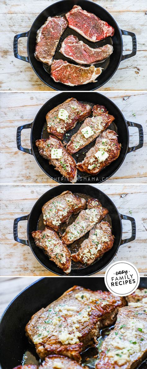 You haven't tasted steak until you have made it like THIS! This method for how to make steak in a cast iron skillet is my go to for a quick and flavor packed steak dinner. It really doesn't get much easier, and all you need for this steak dinner is a cast iron pan, a steak, and a few ingredients. I used Strip steak here, but you can do ribeye, filet mignon, tenderloin, or even sirloin in cast iron pan using the same method! Ny Strip Steak Recipes Pan Seared, Steak Recipes Pan, Ny Strip Steak Recipes, Iron Skillet Steak, Steak Recipes Skillet, Steak With Garlic Butter, Cast Iron Skillet Steak, Steak Recipes Pan Seared, Blackstone Cooking