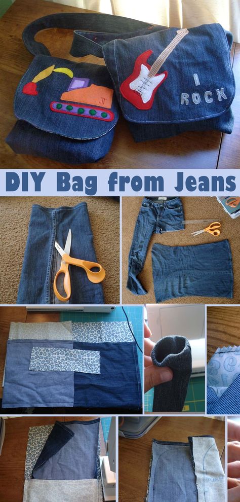 DIY Messenger Bag from Jeans Upcycling, Tela, Bag From Jeans, Diy Jeans Bag Tutorial, Jeans Bag Diy, Jeans Bags Ideas, Diy Jean Bag, Denim Messenger Bag, Bag From Old Jeans