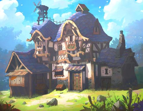 ArtStation - Purple house, OKU . Tavern Art, Animation Scene, Castle Exterior, Purple House, Fantasy Architecture, Novel Inspiration, House Concept, Fantasy Shop, Magic House