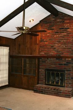 Drastic Living Room Makeover! - Homemade Ginger Fireplace With Wood Paneling Wall, Fireplace Before And After, House Flipping Before And After, Fireplace Makeover Before And After, Fireplace Bricks, Update Brick Fireplace, Before And After Fireplace, Fireplace Painting, Fireplace Makeovers