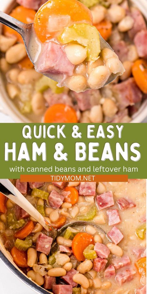 This easy Ham And Bean Soup Recipe mingles nutty cannellini canned beans with tender chunks of smoky ham for an old-fashioned hearty soup favorite. It’s quick, comforting, and a great way to use leftover holiday ham. PRINTABLE RECIPE at TidyMom.net Ham And Bean Soup Using Canned Beans, Ham And Beans Crockpot Recipes Easy, Ham And Beans With Canned Beans, Easy Ham And Bean Soup With Canned Beans, Bean Soup With Ham Bone Crockpot, Ham And White Bean Soup Recipes, Ham And Canned Beans, Northern Beans And Ham Crockpot, Ham Stew Recipes