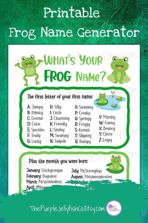 What’s your frog name? Find out with this fun frog name generator! This frog name game features funny, kid friendly names and is perfect to use in the classroom or your home! This fun frog activity makes a great addition to a frog themed birthday party, a frog study unit or use it as a summer ice breaker. Instantly download this frog game printable and use immediately! Leap Year Themed Party, Frog Birthday Ideas, Frog Games For Preschoolers, Leap Frog Game, Frog Activities For Kids, Frog Name Ideas, Frog Games For Kids, Frog Party Games, Frog Birthday Party Ideas