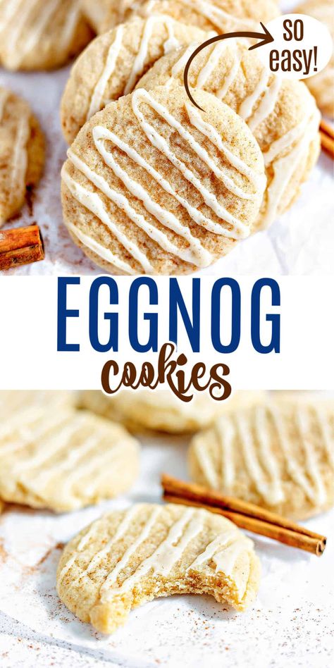 These eggnog cookies are pillowy soft and melt in your mouth. With real eggnog in the dough and icing, and sprinkles with warming spices, you'll watch these cookies disappear quickly and wish you made a double batch. Egg Nog Cookies Recipe, Eggnog Dessert, Cream Cheese Sugar Cookies, Eggnog Cookies, Shugary Sweets, Chewy Cookies, Eggnog Recipe, Egg Nog, Cookie Bar Recipes