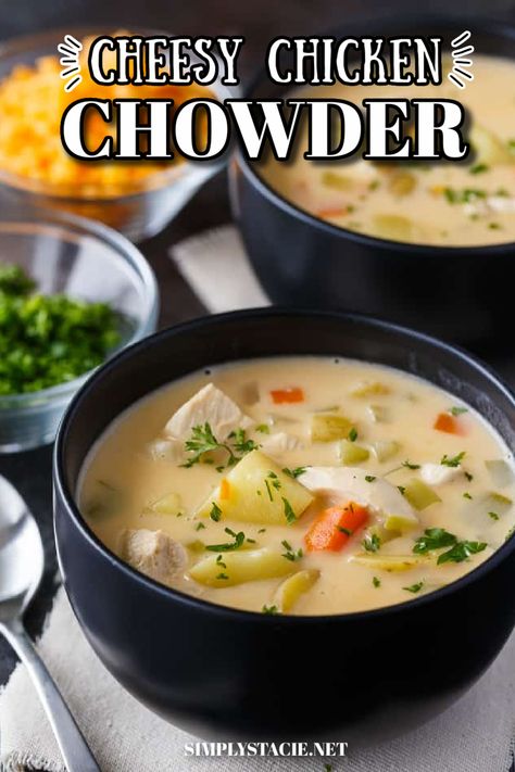 A black bowl filled with cheesy chicken chowder. Bisquick Fried Chicken, Chicken Bisque, Bisquick Chicken Recipes, Cheesy Chicken Chowder, Chicken Pasta Soup, Cheesey Chicken, Bisquick Chicken, Pasta Soup Recipes, Chicken Chowder