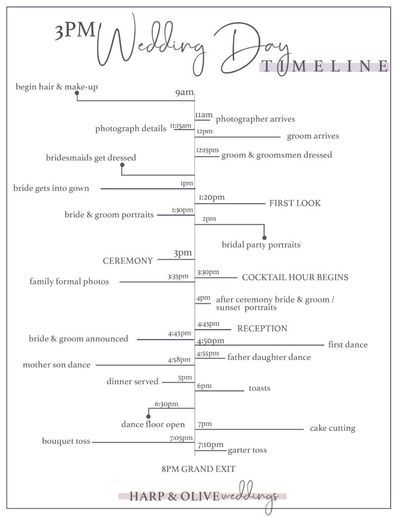 3pm Wedding Day Timeline Samples for first looks! Free wedding day timeline sample printable Wedding Day Timeline For Photographer, 3:30 Ceremony Wedding Timeline, Sample Timeline Wedding, Wedding Day Of Timeline Template, Day Of Timeline Wedding Template, Wedding Timeline For 3pm Ceremony, Wedding Day Timeline 3:30pm Ceremony, Short Wedding Day Timeline, Wedding Timeline For 2pm Ceremony