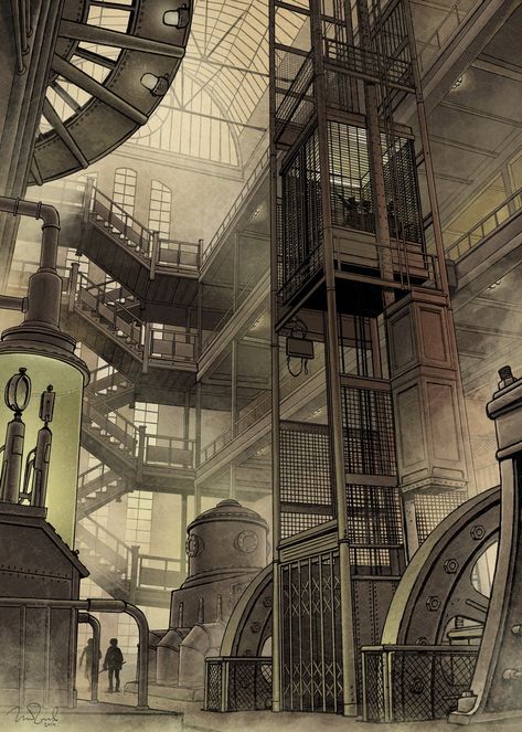 ArtStation - The Elevator, Penko Gelev Punk Architecture, Steampunk City, Steampunk Artwork, Steampunk Tendencies, Diesel Punk, Steampunk Art, Illustration Painting, Matte Painting, Industrial Art