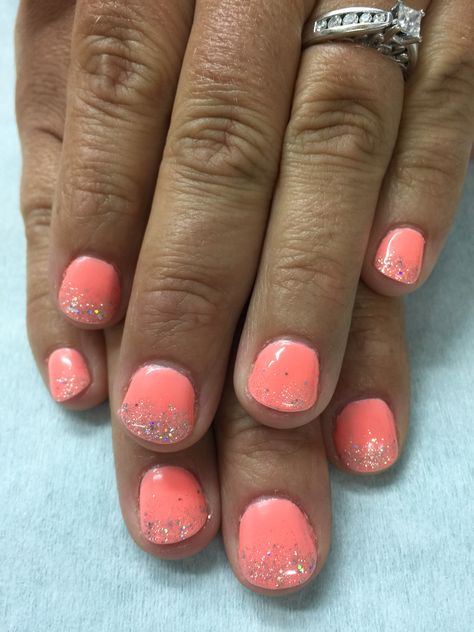 Neon Coral/cantaloupe and gradient glitter gel polish nails. Nails Powder Dip, Gel Polish Nails, Nails Powder, Coral Nails, Polish Nails, Glitter Gel Polish, Nail Dip, Neon Coral, Gel Nail Designs