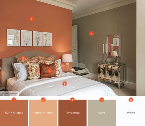 Terracotta Bedroom Walls, Orange Bedroom Walls, Burnt Orange Bedroom, Room Color Combination, Orange Rooms, Bedroom Color Combination, Room Wall Colors, Marina Beach, Living Room Orange