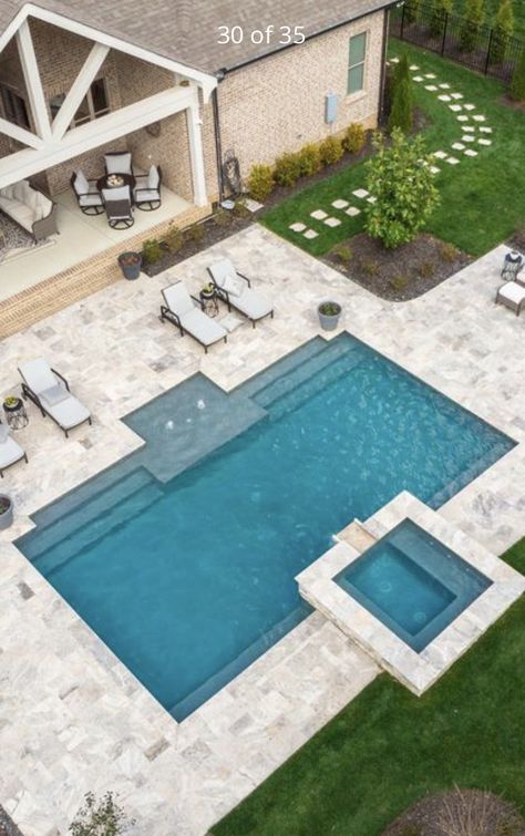 Simple Landscaping Around Pool, Backyard Pool Simple, Pool In Large Backyard, Square Pools Backyard Inground, Back Patio Pool Ideas, 10 X 20 Pool, Modern Rectangle Pool Backyard, Vinyl Pool Designs, Simple Pool Designs With Hot Tub