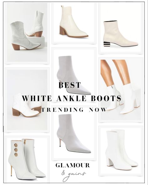 white ankle boots collage Ivory Boots Outfit Ankle, Style White Cowboy Boots, Ankle Boots Western, Luxe For Less, White Leather Ankle Boots, Stiletto Ankle Boots, White Stilettos, White Cowboy Boots, Ankle Flats