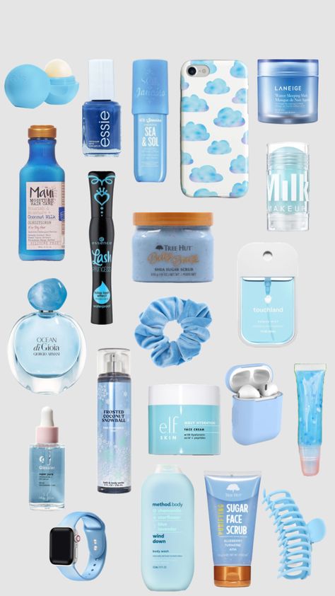 Blue Beauty Products, Blue Selfcare Aesthetic, Blue Makeup Products, Blue Makeup Packaging, Blue Skin Care, Blue Skin Care Aesthetic, Blue Skincare Aesthetic, Light Blue Skincare Aesthetic, Dark Blue Skincare