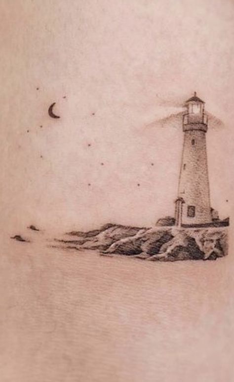 Lighthouse And Moon Tattoo, Portland Head Lighthouse Tattoo, Lighthouse Ankle Tattoo, Sea Scape Tattoo, Stormy Lighthouse Tattoo, Tattoo Ideas Lighthouse, Fineline Lighthouse Tattoo, Simple Light House Tattoo, Lighthouse And Boat Tattoo