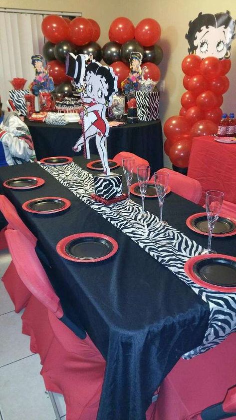 anaya boop | CatchMyParty.com Betty Boop Party Ideas Birthday, Betty Boop Decorations Birthday, Betty Boop Theme Party, Betty Boop Theme Party Ideas, Betty Boop Party Decorations, Betty Boop Decor, Betty Boop Cake Ideas, Betty Boop Birthday Party Ideas, Betty Boop Party