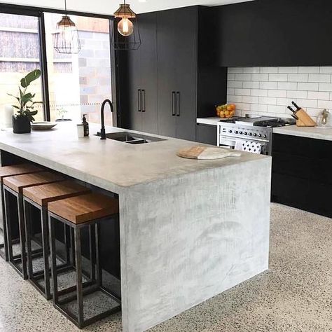 Concrete Kitchen Ideas, Polished Concrete Kitchen, Concrete Kitchen Island, Concrete Island, Concrete Countertops White, Countertops White, Small Kitchen Cabinets, House Makeovers, Concrete Interiors