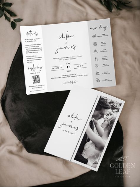 Create a stunning first impression with our Minimalist Gatefold Wedding Invitation Template! This elegant design features a QR Code for easy RSVP, a Wedding Timeline, and a beautiful folded Invitation layout. Perfect for modern couples looking for a chic and efficient solution. Get yours today and make your special day unforgettable! #WeddingInvitation #MinimalistDesign #GatefoldInvitation #PrintableWedding #WeddingTemplate #DigitalDownload #ModernWedding #WeddingPlanning Different Wedding Invitations, Canva Wedding Invitations, Wedding Invitations Template, Folded Invitation, Qr Code Wedding, Wedding Icon, Minimalist Wedding Invitations, Wedding Timeline, Navy Wedding