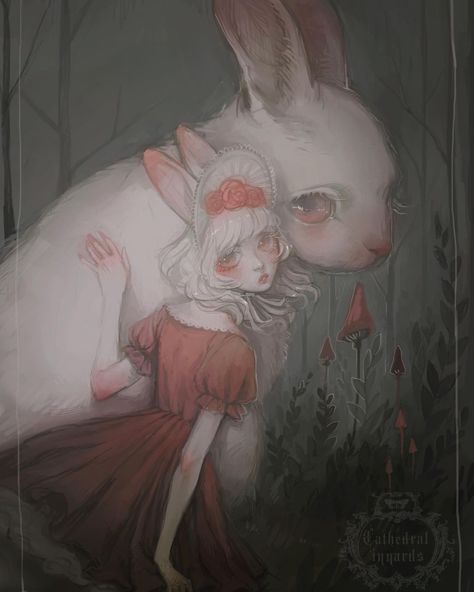 Creepy Cute Art, Rabbit Person Art, Scary Rabbit Drawing, White Rabbit Aesthetic Dark, Dark Rabbit Illustration, Creepy Rabbit Art, Spooky Rabbit Art, Creepy Animals, Bunny Drawing