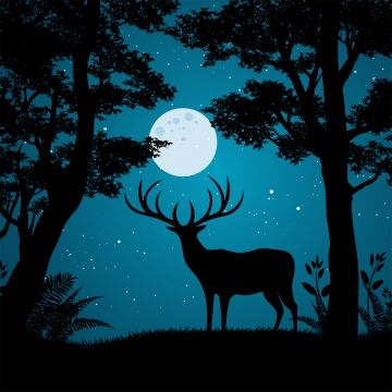 Wildlife Silhouette Painting, Night Forest Painting Easy, Silhouette Art Nature, Moonlight Silhouette, Silouttes Art, Deer Silhouette Painting, Moonlight Background, Tree Silhouette Art, Landscape Jungle