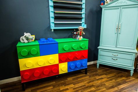 Lego Dresser, Home And Family Crafts, Lego Themed Party, Lego Furniture, Hallmark Homes, Diy Lego, Diy Dresser Makeover, Ikea Dresser, Lego Room