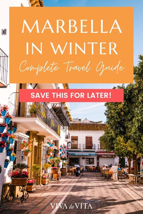 Explore must-see spots and activities in Marbella Spain during winter. Get travel tips and outfit ideas from local experts. Save this pin to your Europe travel board and read the article! Marbella Spain Outfit, Spain In Winter, Spain Winter, Spain Aesthetics, Marbella Old Town, Spanish Festivals, Things To Do In Winter, Winter Vacations, Sunny Winter