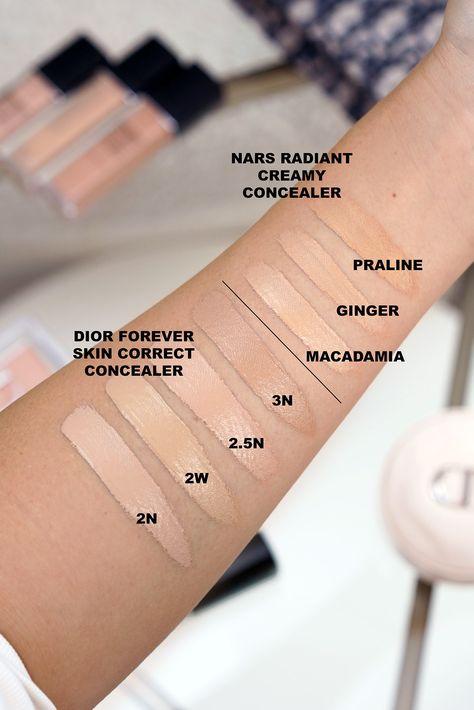 Dior Forever Skin Correct Concealer swatches 2N, 2W, 2.5N, 3N Dior Forever Skin Correct Concealer, Concealer Swatches, Best High End Makeup, Makeup Favorites, Dior Lip Glow, Correcting Concealer, Dior Lipstick, Dior Forever, Lash Primer