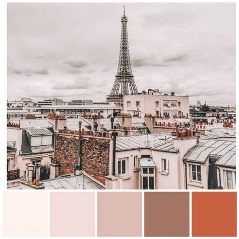 Paris, city of light. A gentle monochromatic palette featuring nuanced tints and shades of orange (hex #C86142). Monochromatic colour schemes usually include a range of tonal values and these support legibility of design elements. Colour palette illustration by Zena O’Connor, PhD © Design Research Associates featuring an image from Instagram  @signebay Paris Aesthetic Color Palette, Paris Colour Palette, French Colour Palette, Monochromatic Pallet, Paris Color Palette, Monochromatic Colour Palette, Palette Illustration, Orange Hex, Monochromatic Colour