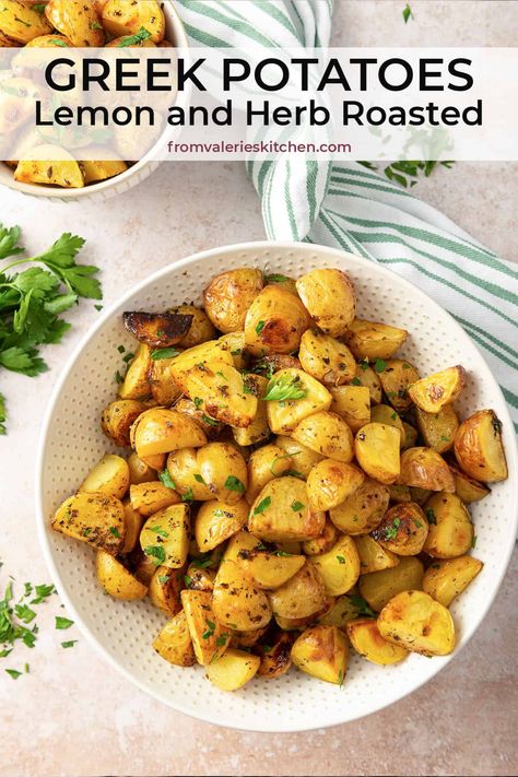 These easy lemon roasted Greek Potatoes are crispy on the outside and creamy on the inside! A delicious side dish choice for a wide variety of meals. #potatoes #greekfood #greekrecipes #sidedish #sidedishrecipes Greek Potatoes Roasted, Roasted Greek Potatoes, Easy Marry Me Chicken, Chicken Sides, Greek Style Potatoes, Greek Roasted Potatoes, Greek Dinner, Greek Lemon Potatoes, Greek Dinners