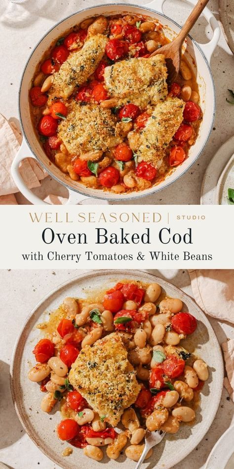 My simple, flavorful Oven-Baked Cod with Butter Beans is an ideal summer dinner. It won't weigh you down, but it's bursting with flavor and nutritious! The tender, flaky fish has a crunchy breadcrumb topping and is cooked on a bed of sweet cherry tomatoes and creamy white beans. I love the way the tomatoes burst to create a sauce for the fish! Enjoy with a side salad or crusty bread. #wellseasonedstudio #cod #butterbeans #codrecipe Oven Baked Cod, Creamy White Beans, Breadcrumb Topping, Fish Marinade, Cherry Tomato Sauce, Cod Recipes, Healthier Choices, Easy Seafood Recipes, Eat Seasonal