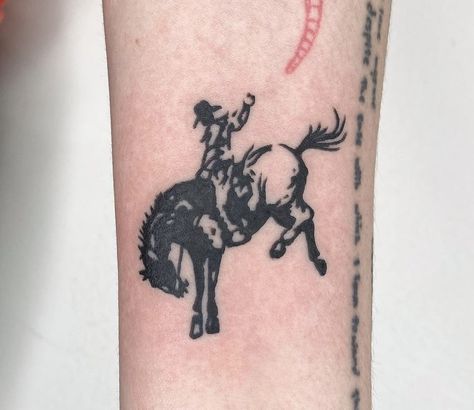 Bucking Cowboy Tattoo, Cowboy Art Tattoo, Matt Mccormick Tattoo, Cowboy Aesthetic Tattoo, Vintage Cowboy Tattoo, Bucking Horse Tattoo, Old Western Tattoos, Rdr2 Tattoo, Cowboy Tattoo Western