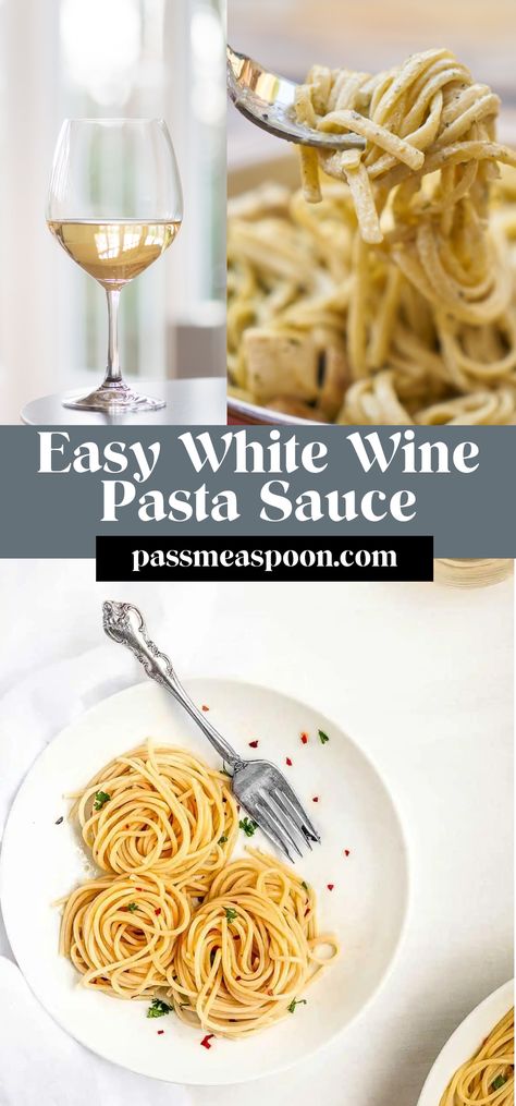 A few simple ingredients like dry white wine, garlic, olive oil, and lemon juice make this easy white wine sauce both healthy, vegan, and on your plate in five minutes.  Just don’t drink all of the main ingredient while you are at it 😉 White Wine Butter Sauce Pasta, Orzo White Wine Sauce, Dairy Free White Wine Pasta Sauce, Olive Oil Based Pasta Sauce, White Wine Vinegar Recipes, White Pasta Sauce, White Wine Pasta, Wine Pasta Sauce, White Wine Pasta Sauce