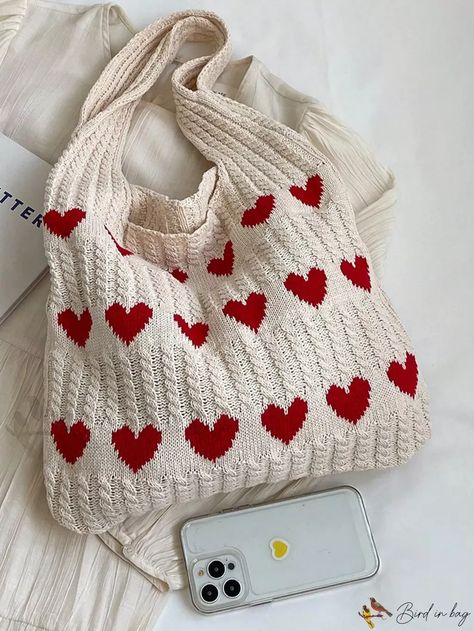 Bird in Bag - Medium Coated Canvas Tote Bag with Bright Heat Pattern Knitted Heart Pattern, Style Vert, Style Bleu, Knitting Tote Bag, Knitting Tote, Faux Fur Material, Knitted Bag, Knitted Heart, Crochet Tote Bag